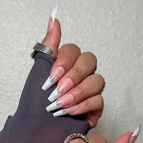 Uñas postizas presionadas French Tip largas con diseños grises, uñas falsas con pegamento, uñas acrílicas blancas en forma de ataúd, uñas neutras nude, puntas de llama, accesorios de manicura para mujeres y niñas, 24 piezas miniatura 4