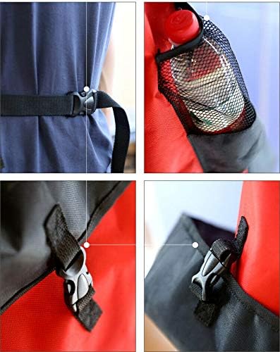Close-up of backpack features: waist buckle, bottle pocket, top buckle