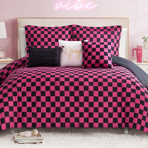 Image of Juicy Couture Reversible Checkerboard Comforter Set 6-Piece Full /Queen Set, Black /Hot Pink