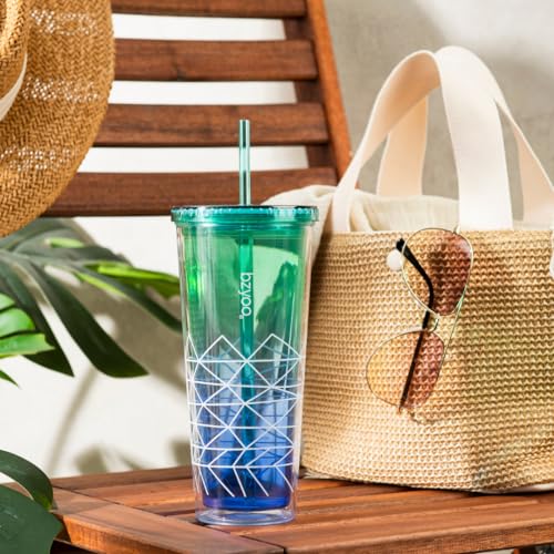 bzyoo SIP 24oz (710ml) Double Wall Plastic Tumbler with Lid and Straw Cold Drink Travel Mug Party Reusable Cup For Office Outdoor Dining Gift For Him & Her (Blue & Green)