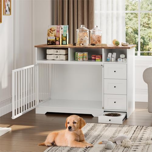 48'' Dog Crate Furniture, Farmhouse Dog Kennel Furniture with Dog Bowl & Storage Drawers, Heavy Duty Dog Cage End Table for Medium Small Dogs, White