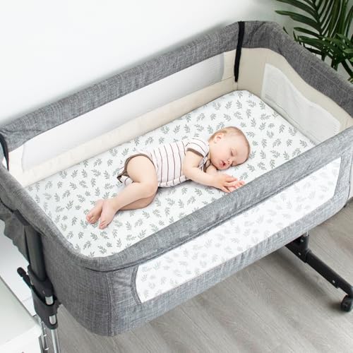 Image of Baby Bassinet Sheets 4 Pack Compatible with BCOL, COWIEWIE, YADAQE, Graco Travel Lite Crib, Cloud Baby, Ingenuity Bassinet, Ultra Soft & Skin-Friendly, Green Leaf