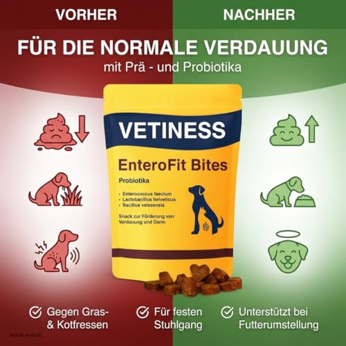 vetiness EnteroFit Bites Probiotika Hund | Magen und Darm | Verdaunungs Snacks | 75 Stück | Gras und Kotfresser Drops Hund fördern die Darmregulierung und Verdauung | Sodbrennen