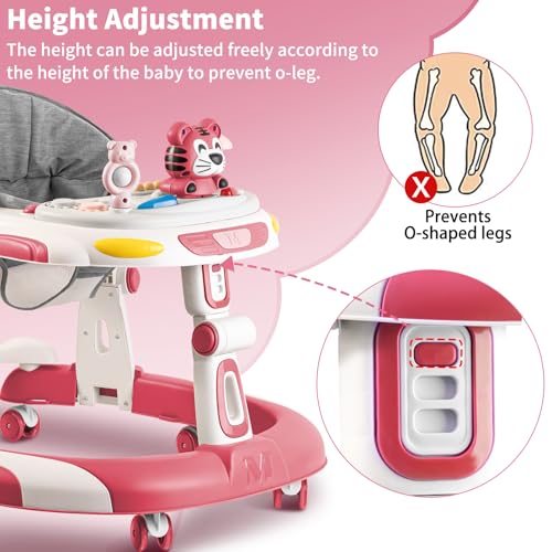 Baby Walkers, 5-in-1 Multifunctional, Height Adjustable, Foldable, Activity Center with Wheels &Music &Toys Tray, Infant Toddler Walker for Boys and Girls 6-24 Months(Pink)