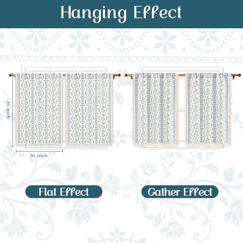 Image of Yinhua Boho Kitchen Curtains 36 Inch Length Vintage Linen Cafe Curtains Light Filtering Bohemian Floral Tier Rod Pocket Farmhouse Rustic Tassel Small Drapes with Tiebacks, 2 Panels, Blue Green Floral