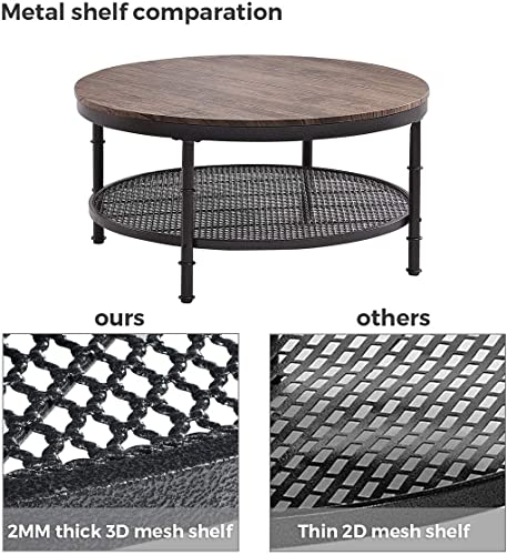 Greenforest Coffee Table Round 35.8 Inch Industrial 2-Tier Sofa Table With Storage Open Shelf And Metal Legs For Living Room, Dark Walnut #TOP4