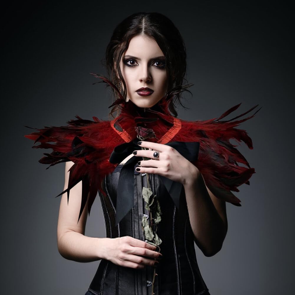 YISKY Cape Poncho Plumes Gothique Victorien - Châle Plumes Pour Halloween Cosplay - Noir/Rouge/Violet