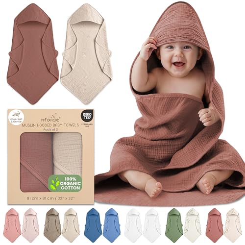 Image of 100% Organic Cotton Muslin Baby Hooded Towel, 32x32 in, Rust & Ivory, 2 Pack, Soft Absorbent 4-Layer Hooded Bath Towel for Newborns, Infants, Toddlers, Boys, Girls, Oeko-TEX