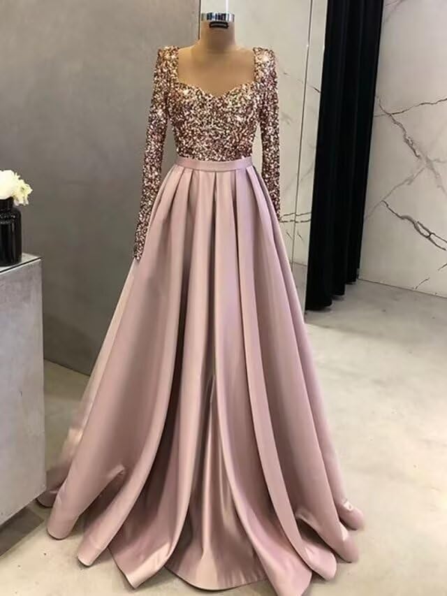 CWOAPO Long Sleeve Sequin Prom Dresses 2025 Long Satin Ball Gowns for Women Formal A-Line Evening Gown with Pockets2