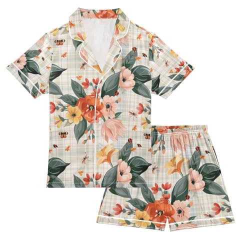 senya Dragonflies Flower Satin Summer Pajama Sets Silk Short Sleeve Button Down Sleepwear