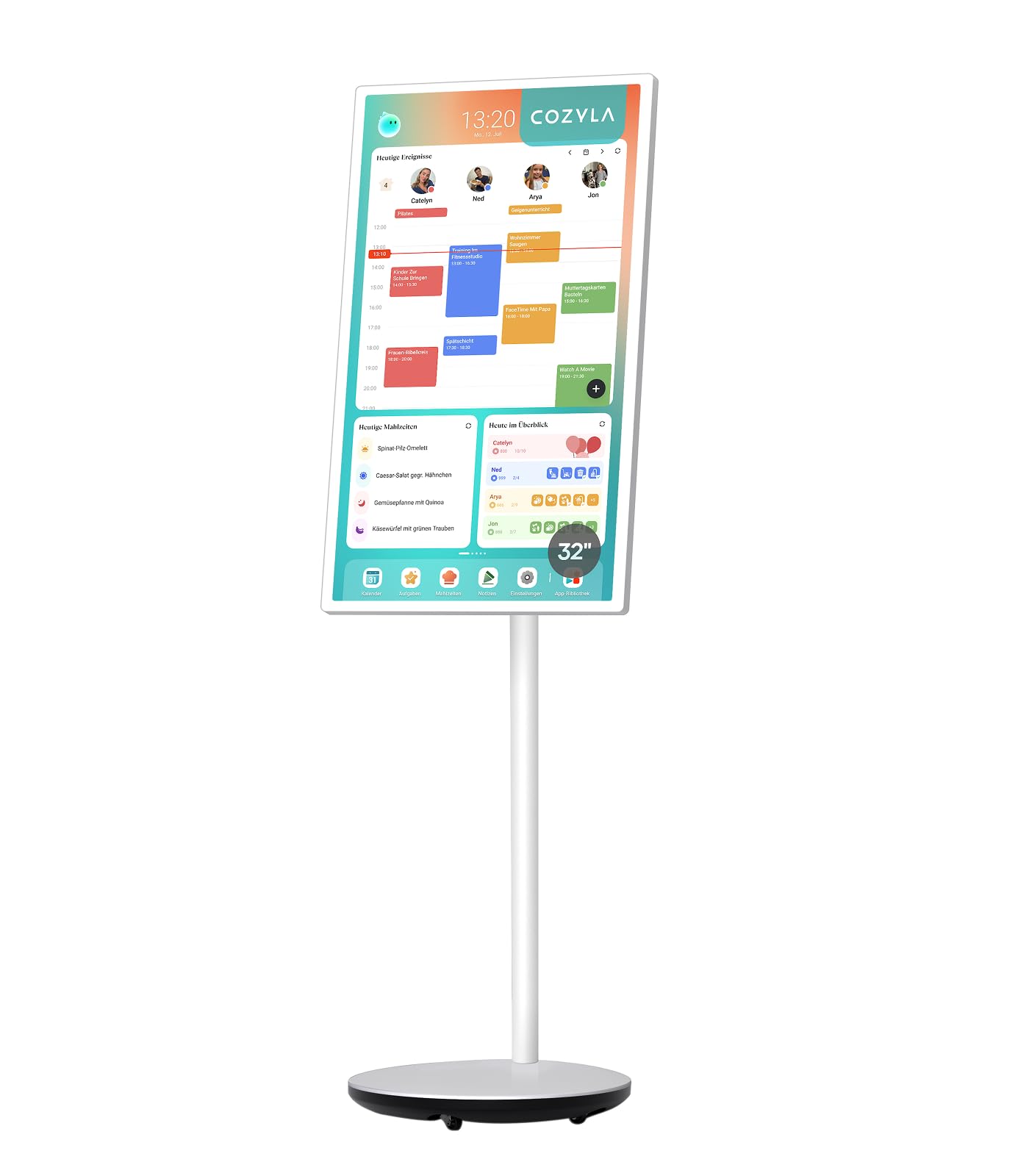 Cozyla Calendar Plus Go: 32" Mobiler Digitaler Kalender mit Akku & Rollen | Google Play Store, Anpassbares Dashboard, Sprachassistent, Echtzeit Kalender-Sync, Aufgaben & Belohnungen, Essensplanung