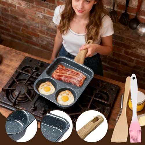 Poêle à œufs anti-adhésive 3 sections avec spatule pour pancake et bacon
