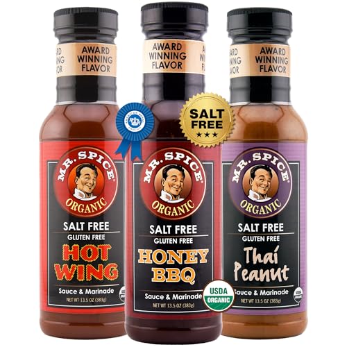 Mr. Spice Fan Favorite 3 Pack, Organic Salt Free Honey BBQ, Thai Peanut & Hot Wing Sauce, Gluten Free Sauces, Low Sodium Marinades for Grill, Skillet & Air Fryer, Award-Winning Flavors, 13.5 Oz Ea