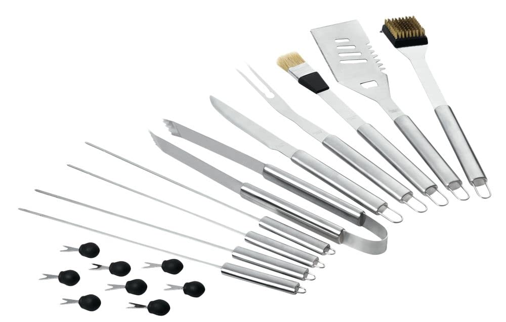 Set di posate da barbecue in acciaio inox, 18 pezzi, con valigetta per utensili, colore argento o nero (variante 2, incisione fino a 15 caratteri)