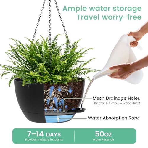 UOUZ 13 Inch 2 Pack Large Self Watering Hanging Planters for Indoor Outdoor Plants, Hanging Plant Pots with Removable 50 Oz Reservoir, Plastic Hanging Basket for Window Porch Garden Balcony, Black - Image 4