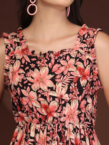 Image of Daevish New Rayon Floral Printed Flared Midi Dress for Women | Women Calf Length Dress