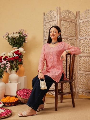 Image of Ada Women's Cotton Blend Regular Fit Tunic Hand Embroidered Lucknowi Chikankari Kota Western Top Kurti With Slip A911184