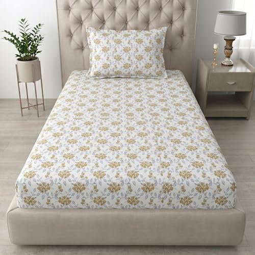 Image of Mafatlal Grace Elegant Single Bedsheet | 186 TC | 60x90 Inch | Smooth Cotton Fabric with Premium Finish | Printed Design with Pillow Cover | Old Gold