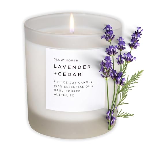 Slow North Vela de lavanda y cedro, vela de aceites esenciales y cera de soja pura en un frasco de vidrio esmerilado reutilizable, una vela