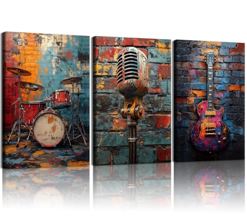 3 lienzos de graffiti musical, arte de pared, instrumentos musicales, pinturas decorativas de pared de Banksy, pósteres coloridos de graffiti, imágenes impresas para sala de estar, estudio, bar