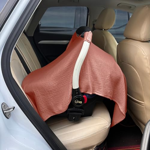 Image of 100% Muslin Cotton Car Seat Cover Baby, Carseat Canopy Cover, Universal Fit Stroller Covers for Boys and Girls (Blush)