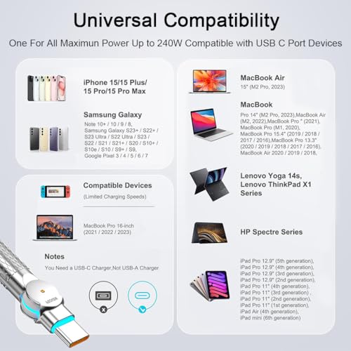 Image of Verilux 240W Type C to Type C Cable Fast Charging with LED, 9.8Ft 180 Degree Flexible USB C Cable with 480Mbps Data Transmission for iPhone 17 /17 Pro /17 Pro Max /16 /15 Series, Galaxy S25 /S24, MacBook