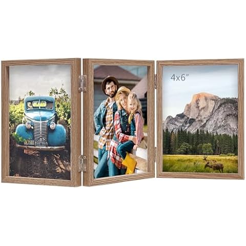 AEVETE 4x6 Triple Picture Frame Vertical Display Rustic Folding Photo Frames, Woodgrain Cover