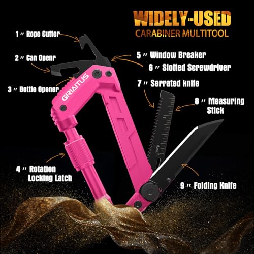 Image of Multitool Carabiner with Pocket Knives, EDC Carabiners, Folding Serrated Knife, Can Bottle Opener, Rope Cutter, Screwdriver, Keychain Knife for Camping Hiking, Gifts for Women /Men (Pink)
