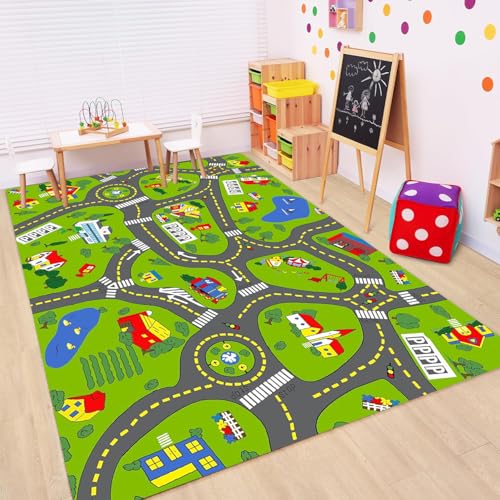 TRHEAVNIC Non-Slip Town City Road Map Playmat for Boys, Perfect for Playroom and Bedroom, Car Track Mat - 4'11