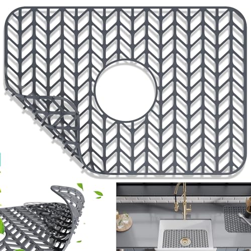 AWOKE Sink Protectors for Kitchen Sink | 16.2"x 12.5" Kitchen Sink Mats for Bottom of Kitchen Sink | Sink Inserts for Kitchen Sink of Stainless Steel Sink | Center Drain (Grey)