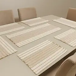 Jogo Americano 7 Peças em Algodão Feito em Tear – Caminho de Mesa e Sousplat Decorativo Chic para Mesa de Jantar (Bege listrado)