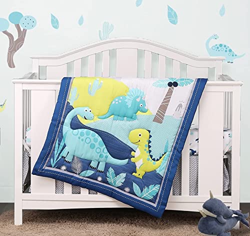 HUPO Dinosaur Crib Bedding Sets for Baby Boys,Yellow/Navy Blue Nursery Crib Set, 4 PC Crib Sets Including 1 Crib Skirt, 1 Crib Quilt, 2 Crib Sheet
