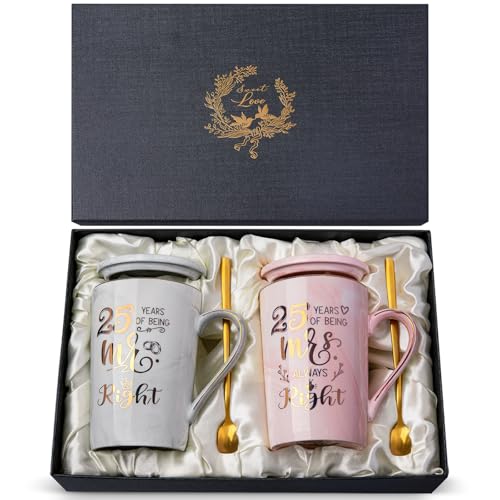 Silberhochzeit Geschenk, Geschenke zur Silberhochzeit, 25 Hochzeitstag Geschenke für Frauen Männer Paar - 14 Oz Keramik Marmor Tassen Set mit Deckel, Löffel, Geschenkbox, 25 Jahre Silberhochzeit