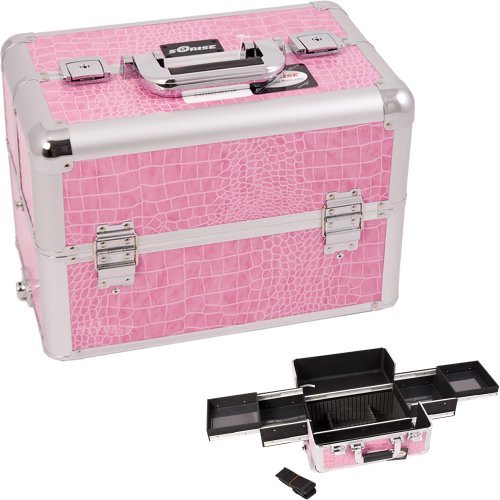 14.5 inch Pink Crocodile Interchangeable E Series 4 Easy Slide Extended Tiers Aluminum Professional Makeup Artist Cosmetics Train Case Beauty Storage Organizer w/Shoulder Strap