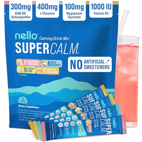 Nello Supercalm Powdered Drink Mix, Cortisol Reducer* and Sleep Aid Supplement, L Theanine, Ksm-66 Ashwagandha, Magnesium Glycinate, Vitamin D 3, No Sugar, Non GMO, On The Go, 20 Ct, Variety Pack