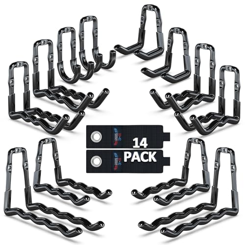 Image of 3-H Super Heavy Duty Garage Hooks 14 Pack, One-Piece Construction Garage Wall Hooks, Garage Hanger & Organizer Wall Mount for Ladders, Bikes, Chairs, WeedEaters, Shovels, Garden Tools (Black)