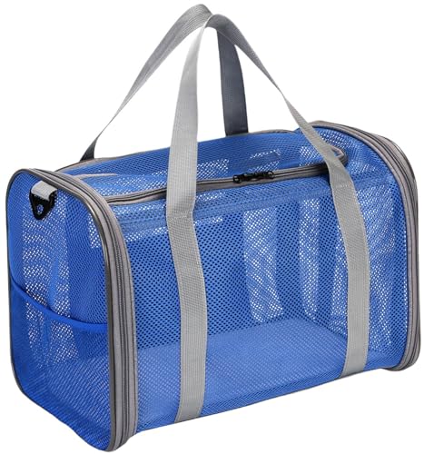 ペットキャリーケース メッシュバッグ 折り畳み キャリーバッグ 猫用小屋 犬 おでかけ ポータブル ソフトクレート 通気性 ペットバッグ 夏 防災 車載 折り畳み 軽量 通院用 ポータブル 旅行 (ブルー, 42x26x29cm)