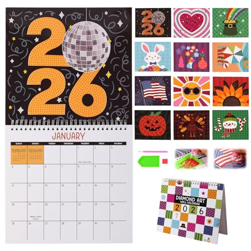 2026 Wall Calendar Diamond Painting Kit - DIY Diamond Art Calendar 12-Month Flip Wall Calendar for Holiday Christmas Home Office Decoration