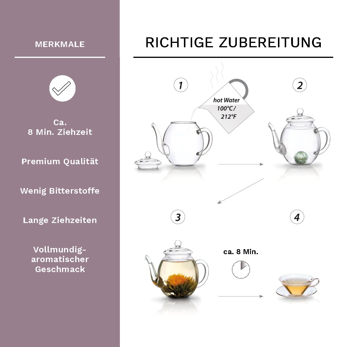 Creano Teeblumen - Mix Geschenkset Erblühtee mit Glaskanne in edler Holz-Dekobox - 6 verschiedene Teerosen in 3 Sorten (Schwarzer Tee)
