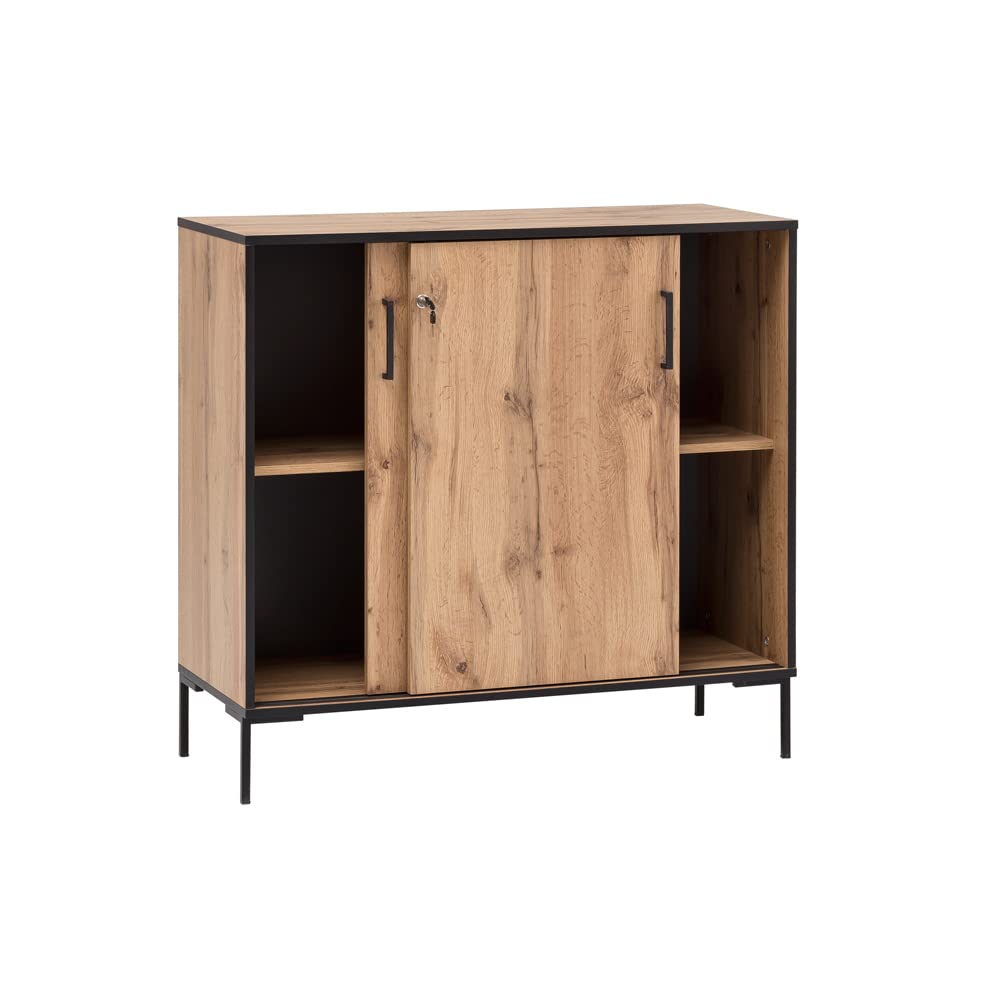 Lomadox Büroschrank abschließbar in Eiche Landhaus Nb. mit Schiebetüren, B/H/T: 100,1/96,6/41 cm