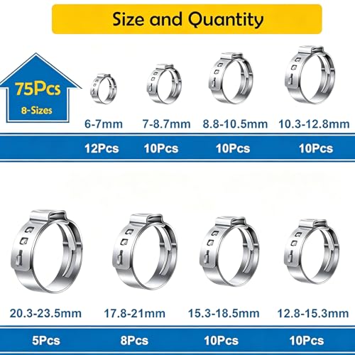 Seept 75Pcs 8-Sizes 304 Stainless Steel Single Ear Hose Clamps with Ear clamp plier 6-23.6mm Crimp Hose Clamps Assortment Kit for Auto/Home Appliance/Pipe/Fuel Line Stepless hose clamp with pincer by Seept - Image 2