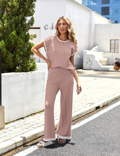 Image of Ekouaer Womens Matching Sets Knit Sweater Sets 2 Pieces Outfits Pullover Tops Wide Legs Pants Lounge Set