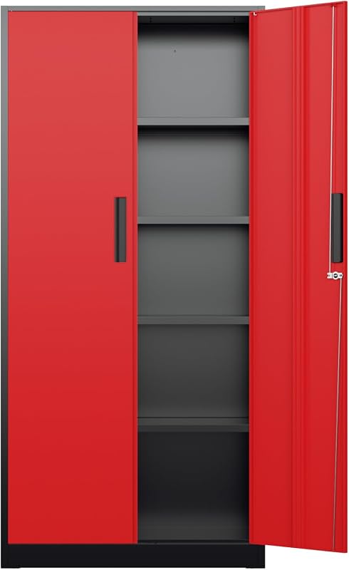 72" Metal Garage Storage Cabinet - 900lbs Heavy Duty Steel Cabinet with 3-Point Locking System & 4 Adjustable Shelves, Lockable Tall Storage for Garage, Office, Warehouse - Black & Red
