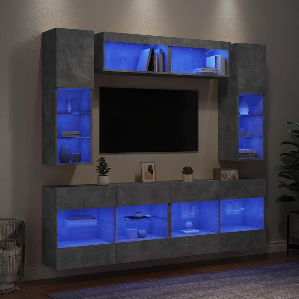 vidaXL TV Wohnwand mit LED-Leuchten 6-TLG., Anbauwand mit Stauraum Wandmontage, Schrankwand für Wohnzimmer, Hängeschrank, Betongrau Holzwerkstoff
