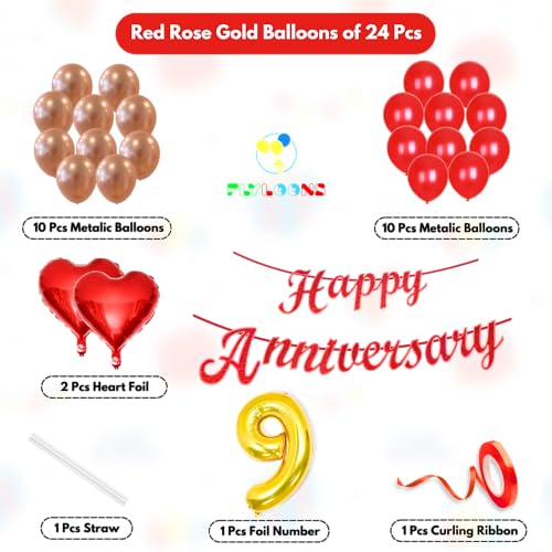 Image of Flyloons 9th Happy Anniversary Decoration Items Red Rose Gold for Men Women Husband Wife Mom Dad Parent Couple Home Bedroom Car With 20 Pcs Metallic Balloons Anniversary Banner 2 Pcs Heart Set Kit