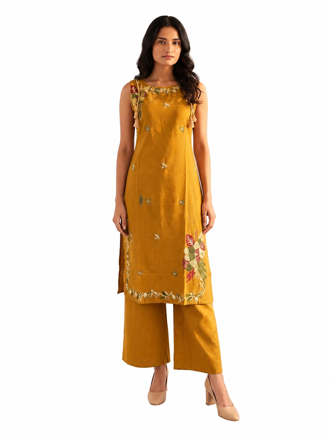 Mustard Embroidered Cotton Co-ord Set For Women | Women's Coord Set-image-38