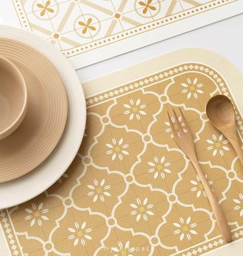 Image of Faux Leather Dining Table Placemats | Heat Insulation & Stain Resistant Waterproof Non Slip Dinner Table Mats | Perfect for Home, Kitchen, Restaurant, Office (Mustard, Set of 6)