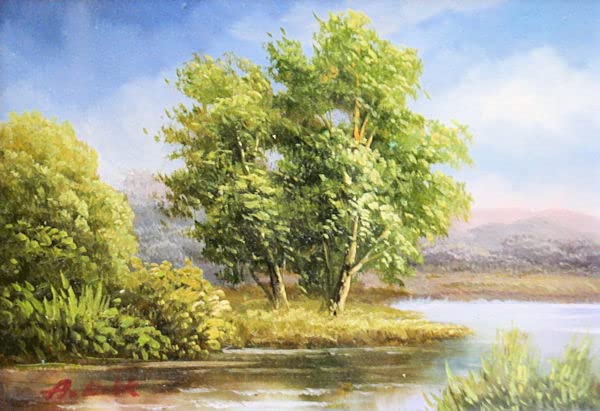 Amazon.co.jp: 『緑の風景』油彩画 油絵 木 山 川 緑 自然 癒し