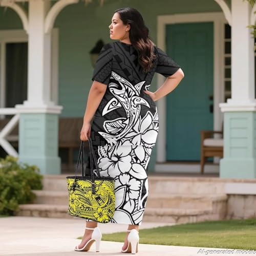 Image of Polynesian Dress for Women Short Sleeve High Waist Maxi Skirt | Puletasi dress, t-shirt and skirt two-piece, elastic material, lightweight, soft, plus size, luau party, wedding, clubwear