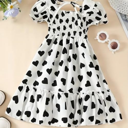 Girls Heart Dot Bubble Sleeve Smocked Midi Dress A-Line Tunic Ruffle Midi Dresses Casual Tween Party Holiday Outfit2